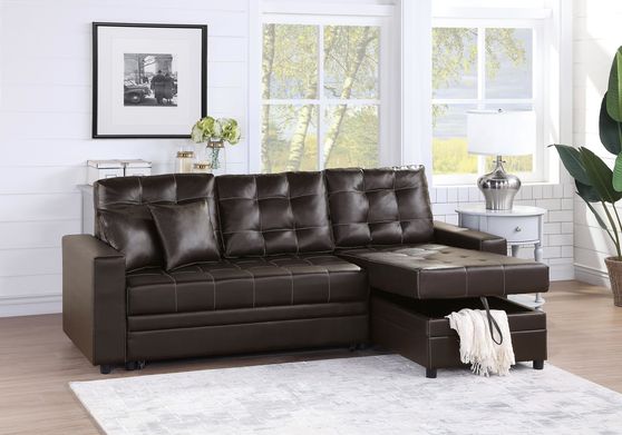 Espresso leatherette tufted sectional w/ bed & storage
