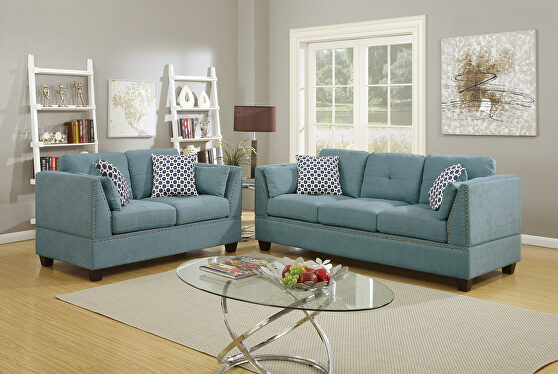 Hydra blue velveteen fabric sofa and loveseat set