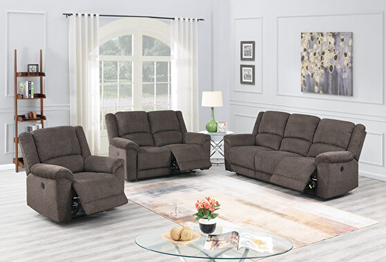 Power motion recliner sofa in tan velvet fabric