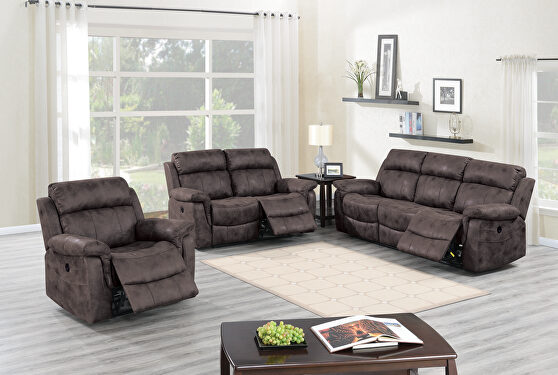 Power motion recliner sofa in dark brown leather-like fabric