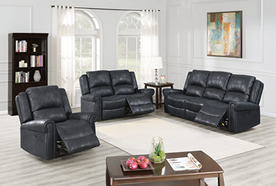 Power motion recliner sofa in black leather-like fabric