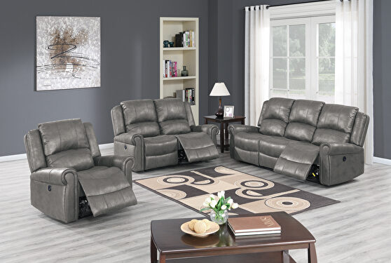 Power motion recliner sofa in antique gray leather-like fabric