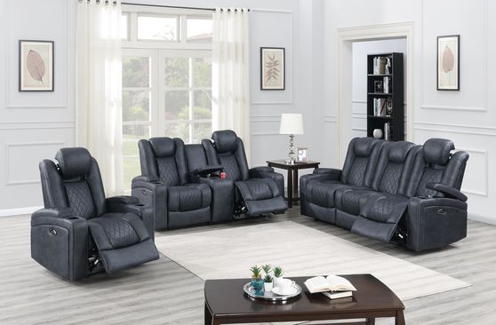 Ink blue power recliner sofa w/ adjustable headrests