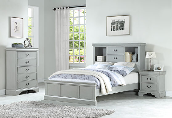 Full size bed with fuctional headboard in gray finish