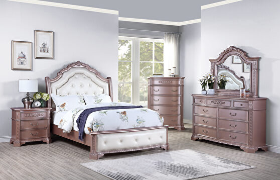 Carvings / white tufted headboard glam style rose gold bed