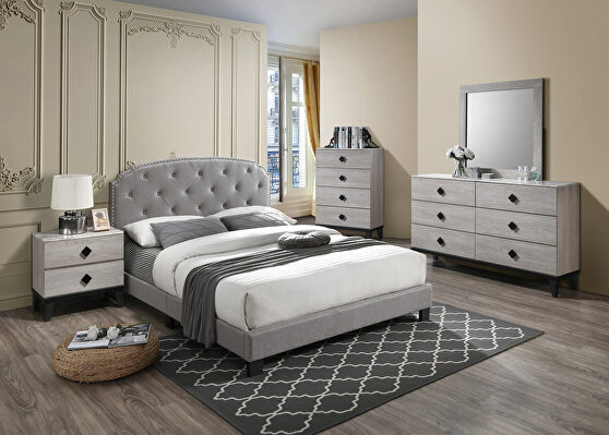 Light gray burlap upholstery queen bed