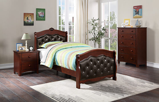 Twin size youth/kids black tufted bed in dark cherry finish