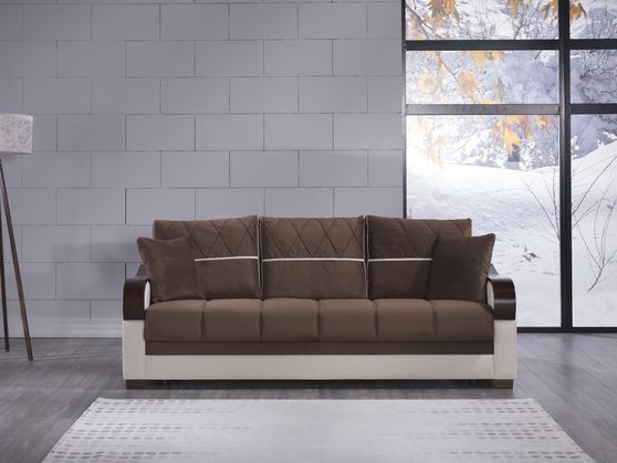 Modern coffee brown / beige sofa bed with storage