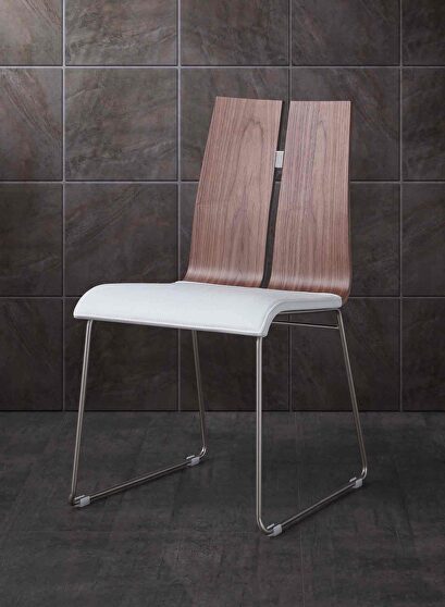 Lauren dining chair, natural walnut veneer white faux leather