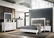 Gray fabric upholstered headboard & white finish queen bed