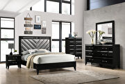 Gray fabric upholstered headboard & black finish queen bed