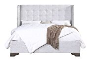 Tan fabric upholstered button-tufted headboard & natural finish king bed main photo