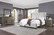 Tan fabric upholstered button-tufted headboard & natural finish queen bed