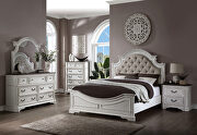 Beige pu upholstery headboard & antique white finish queen bed
