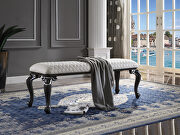 Two tone ivory fabric upholstery & charcoal finish legs bench