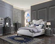 Two tone ivory fabric tufted wingback headboard & charcoal finish queen bed