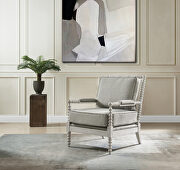 Saraid Gray linen upholstery & light oak finish nailhead trim accent chair