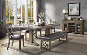 Weathered cherry finish fixed table top double pedestals dining table