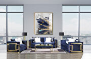 Blue velvet upholstery and gold detail on the base sofa main photo