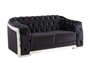 Black velvet upholstery & chrome finish base classic chesterfield design loveseat