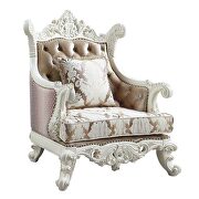 Antique white finish fabric and silver trim accent raised scrolled molding chair