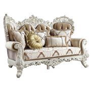 Antique white finish fabric and silver trim accent raised scrolled molding loveseat main photo