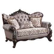 Fabric upholstery button tufted & antique oak finish base loveseat
