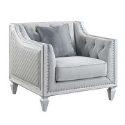 Light gray linen upholstery & weathered white finish base chair