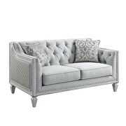 Light gray linen upholstery & weathered white finish base loveseat
