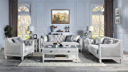 Light gray linen upholstery & weathered white finish base sofa main photo
