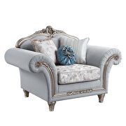 Light gray linen upholstery & platinum finish base floral trim accent chair main photo