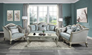 Light gray linen upholstery & champagne finish base sofa