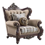 Light brown linen & cherry finish upholstery detailed carvings chair