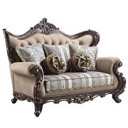 Light brown linen & cherry finish upholstery detailed carvings loveseat