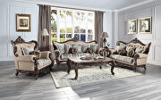 Light brown linen & cherry finish upholstery detailed carvings sofa