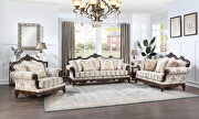 Pattern fabric upholstery & walnut finish base scrolled floral sofa
