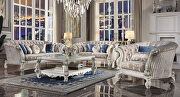 Versailles (White) Ivory fabric & bone white finish crescent-high shelter backrest sofa