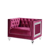 Burgundy velvet upholstery and button tufted mirrored trim accent chair