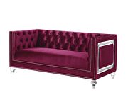 Burgundy velvet upholstery and button tufted mirrored trim accent loveseat main photo