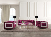 Burgundy velvet upholstery and button tufted mirrored trim accent sofa