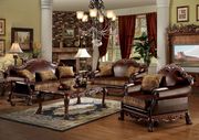 Brown pu / cherry oak finish traditional sofa