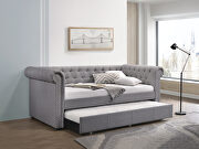Justice T Smoke gray fabric upholstery button tufted and nailhead trim accent twin daybed