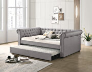 Justice F Smoke gray fabric upholstery button tufted and nailhead trim accent full daybed