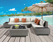 Salena Beige fabric & gray wicker patio sectional & cocktail table