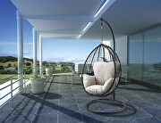 Simona Beige fabric & black wicker patio swing chair with stand
