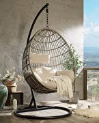 Beige fabric & brown wicker patio swing chair & stand main photo