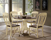 Oak finish round top / buttermilk wooden single pedestal base dining table