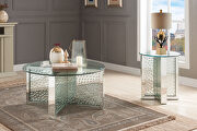 Crossed mirrored panel base round glass top coffee table