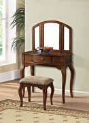 Oak finish vanity desk, stool and mirror main photo
