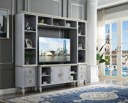 House Marchese Pearl gray finish and gold trim accent entertainment center